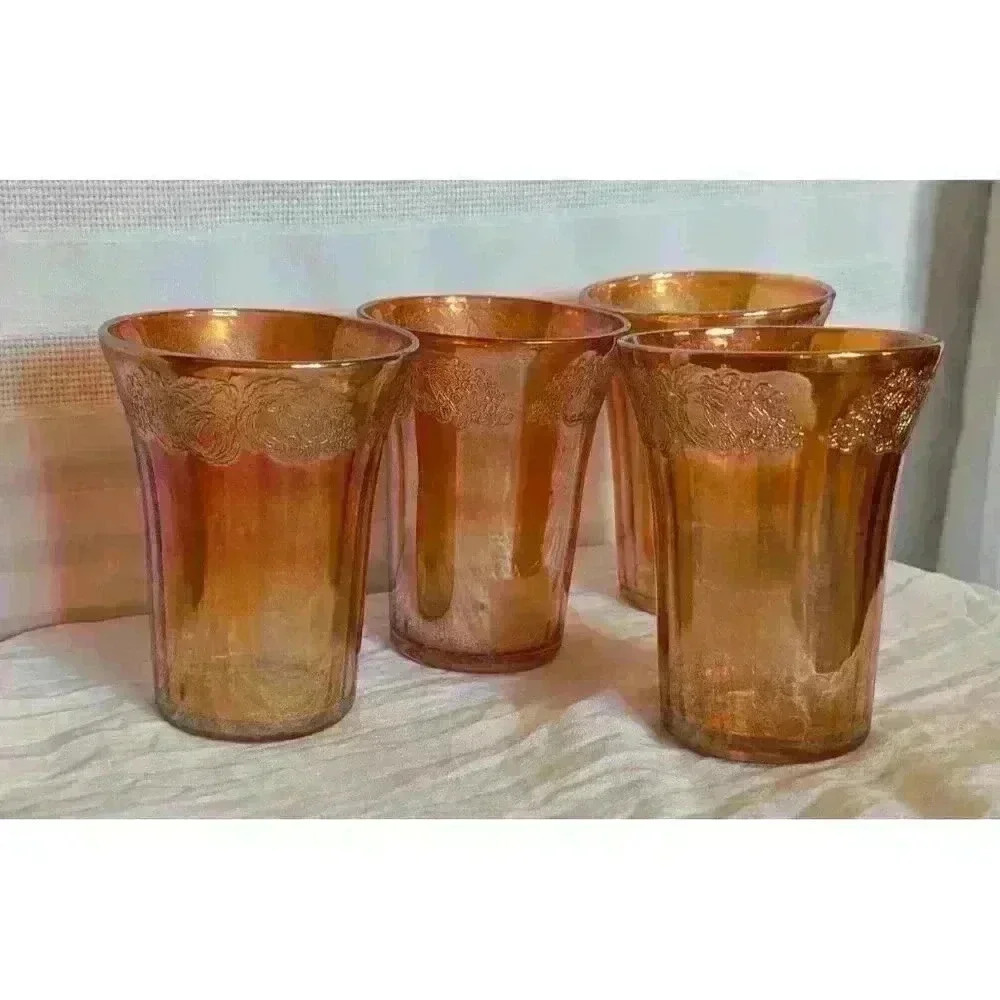 Set Of 4 Iridescent Carnival Drinking Glasses Fruit Motif 4" x3-1/4" Amber Color - Picture 3 of 14